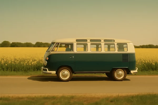 Ein VW Samba T1 Bus vor einem Rapsfeld