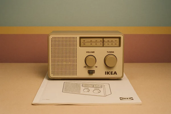 Ein Radio steht auf einer Bedienungsanleitung – bereit für Radiowerbung