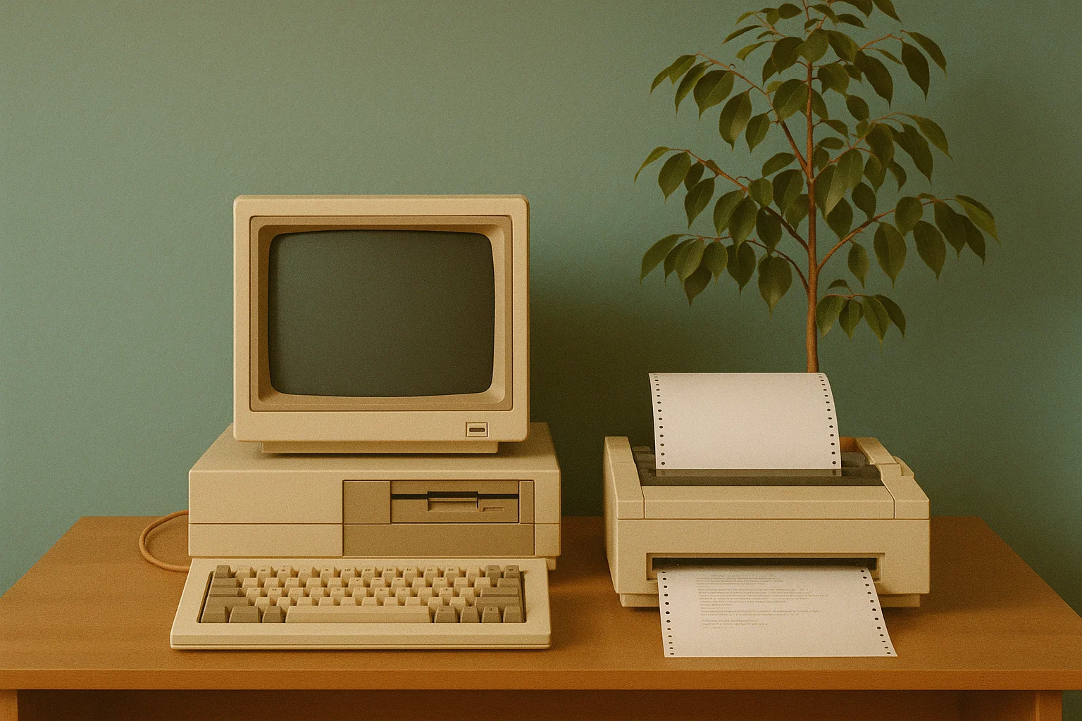 Ein PC aus den 80er-Jahren und ein Faxgerät auf einem Schreibtisch