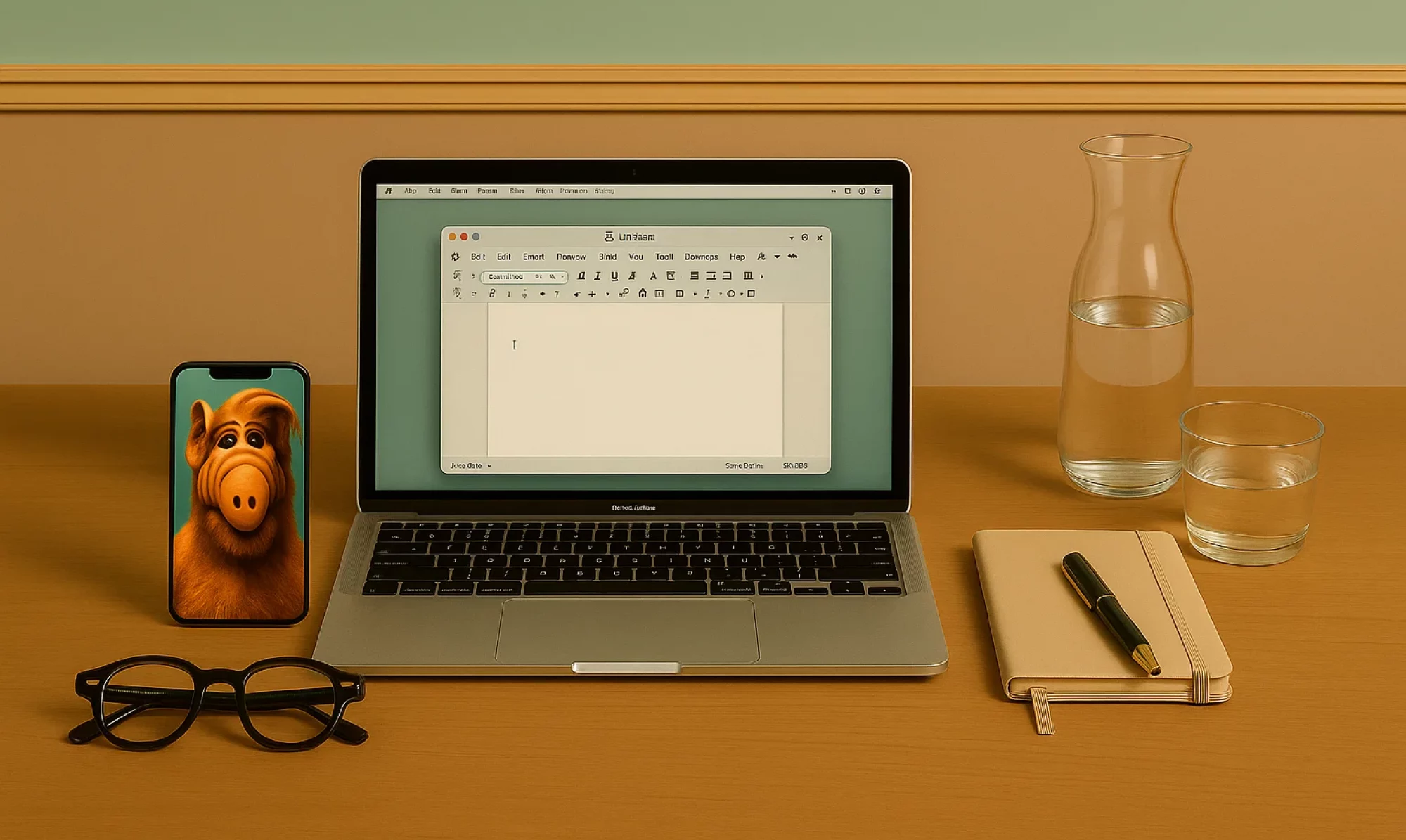 Schreibtisch eines Werbetexters. Darauf: Macbook, iPhone, Notizbuch