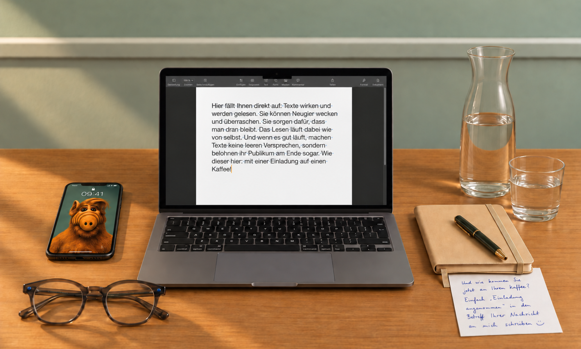 Arbeitsplatz vom Werbetexter aus Hannover. Wie Werbetexte und Werbung wirken, zeigt direkt der Text auf dem Laptop.