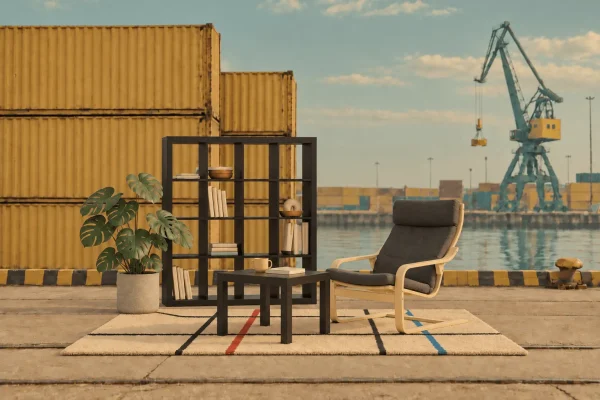Installation von Möbeln am Hafen – Werbekampagne zur Eröffnung eines Einrichtungshauses